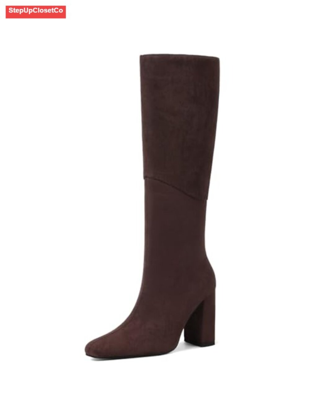 Square Toe Chunky Heel Knee High Boots Wide Calf Side Zip Suede